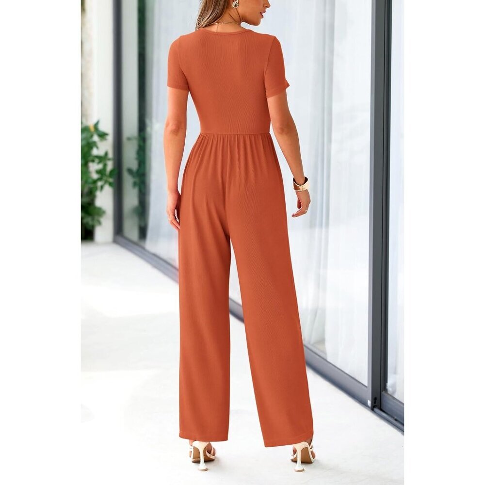 Women's Brick Red Summer Short Sleeve Square Neck Wide Leg Rompers Jumpsuits - Picture 2 of 8